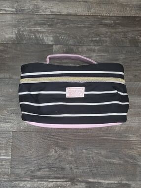 Betsey Johnson Black and White Striped Cosmetic Case with Pink Trim